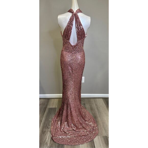 NWT Naeem Khan Crisscross Halter Open Back Bodycon Sequin Evening Gown Pink Sz 8 - Picture 6 of 11